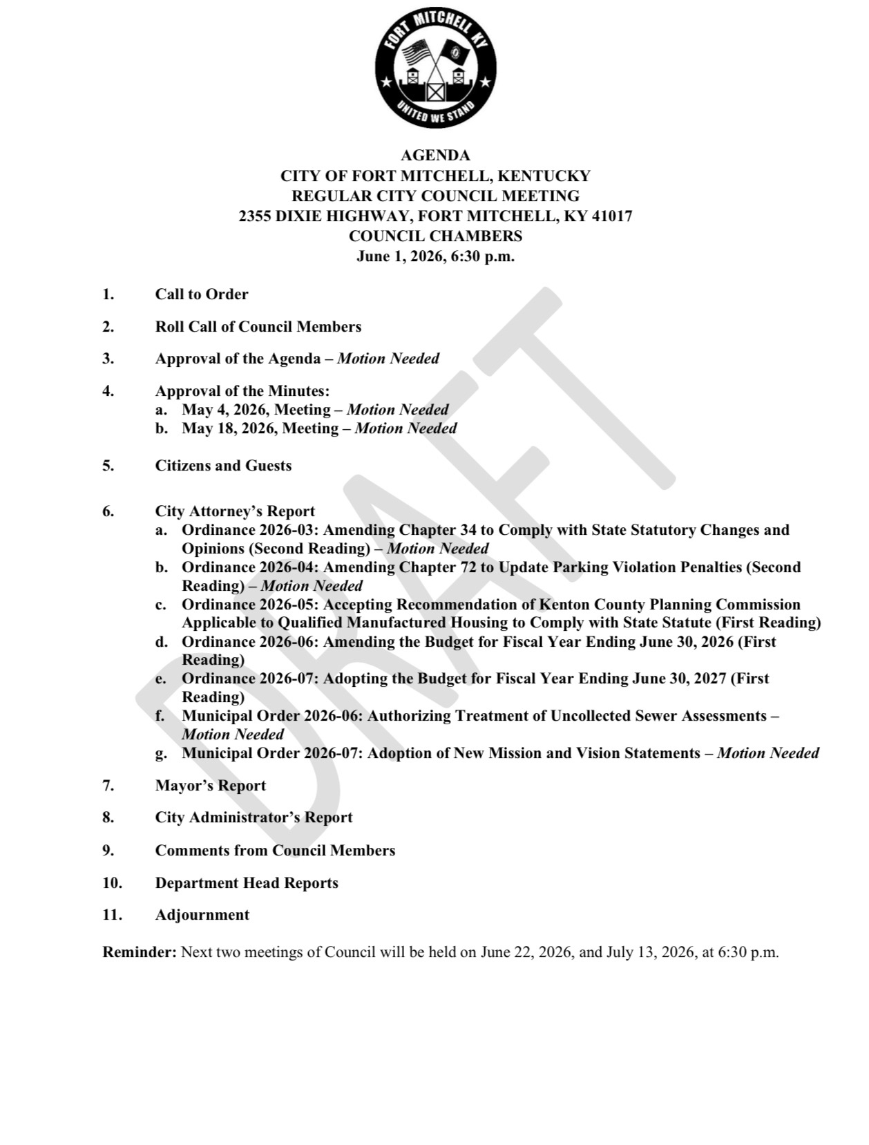 City of Fort Mitchell Council Meeting Agenda 6-1-26